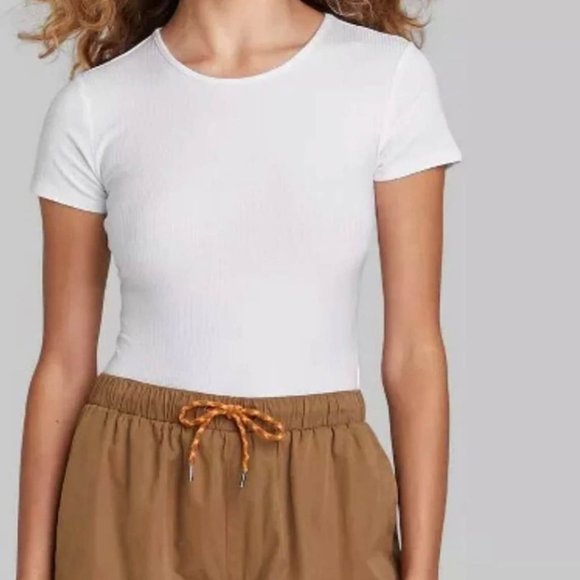 White, Ribbed, Crew Neck Bodysuit. Open Tie Back-White, -Wild Fable - Picture 2 of 5